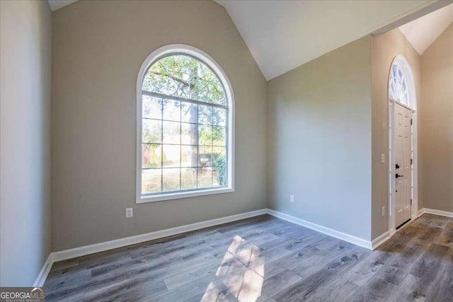 foyer entrance with dark hardwood / wood-style floors and vaulted ceiling