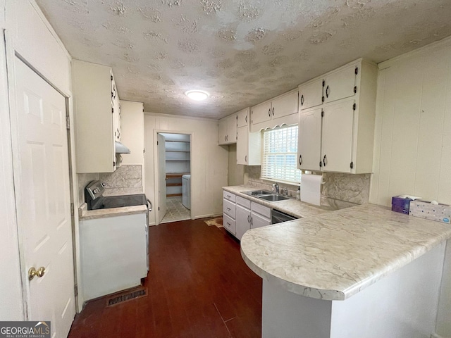 kitchen with kitchen peninsula, dark hardwood / wood-style flooring, white cabinetry, and sink