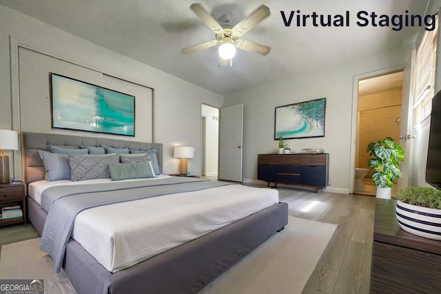 bedroom featuring ensuite bath, ceiling fan, and light hardwood / wood-style floors