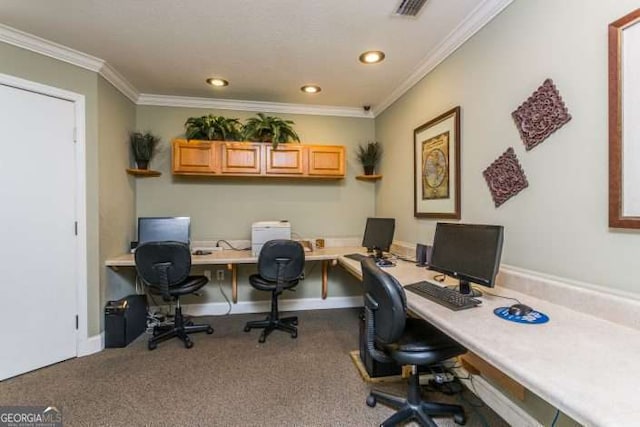 office area with carpet flooring and ornamental molding