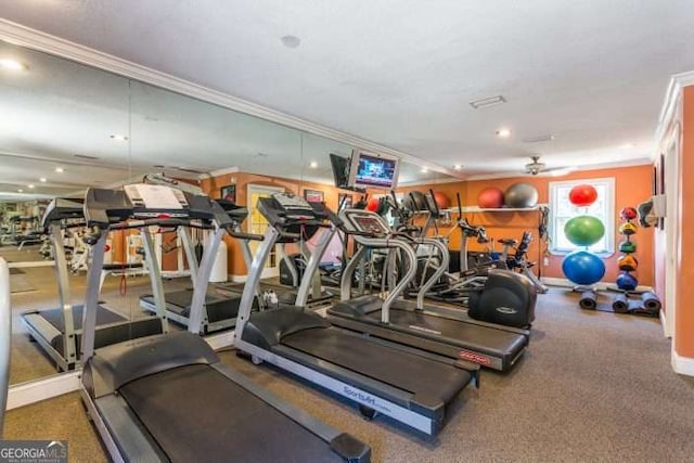 exercise room with ornamental molding