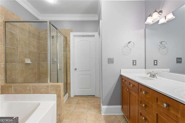 bathroom featuring plus walk in shower, vanity, tile patterned floors, and crown molding