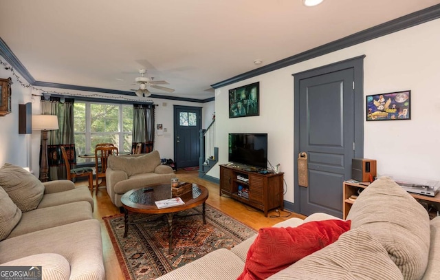 living room featuring ceiling fan, wood-type flooring, and ornamental molding