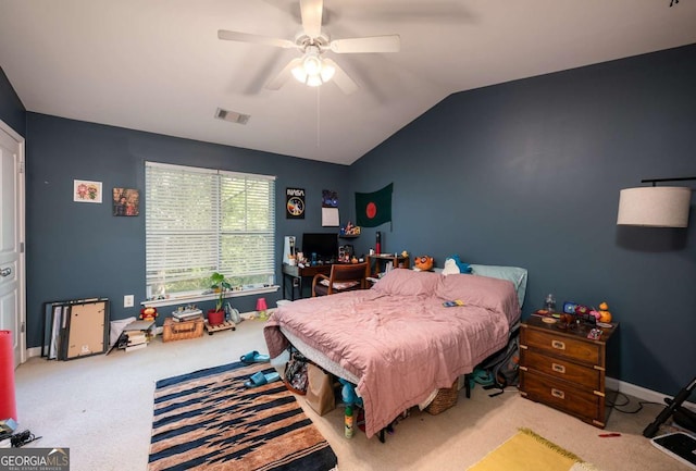 carpeted bedroom featuring ceiling fan and lofted ceiling