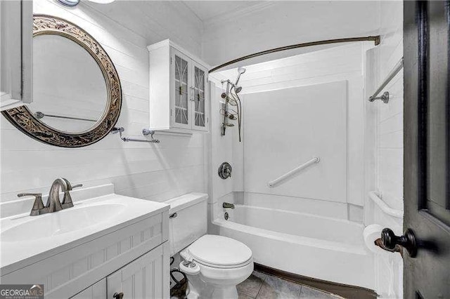 full bathroom featuring shower / washtub combination, vanity, and toilet