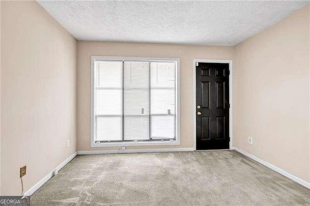 interior space featuring light carpet and a textured ceiling