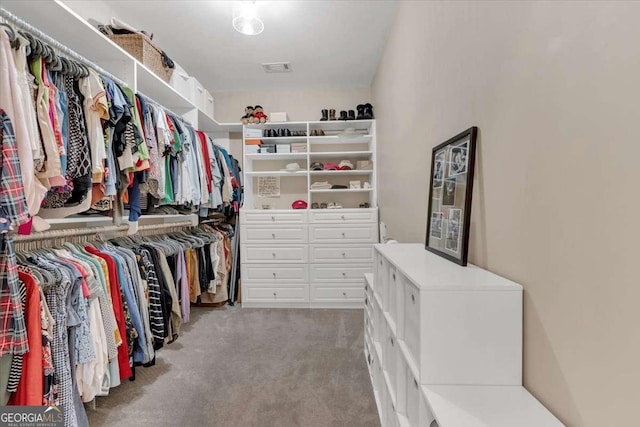 walk in closet with light carpet