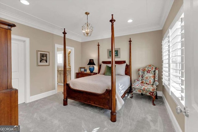 bedroom with ensuite bath, light carpet, crown molding, and a notable chandelier