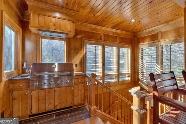 interior space featuring sink, hardwood / wood-style flooring, wooden ceiling, and wood walls