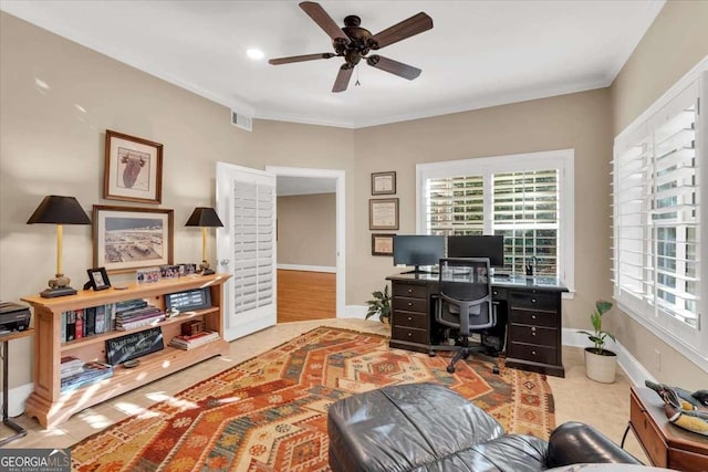 office with ceiling fan and light tile patterned flooring