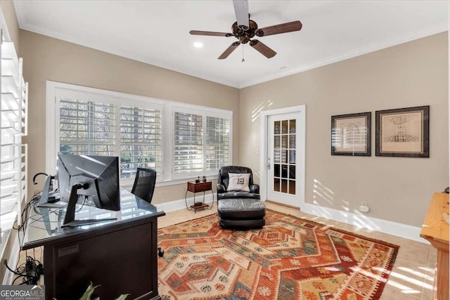 office space featuring ceiling fan and ornamental molding