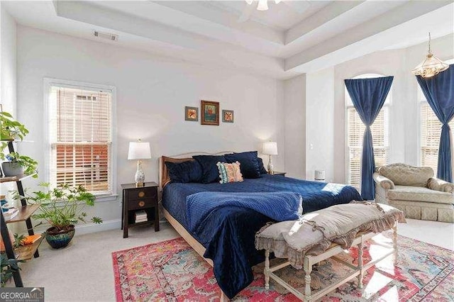 bedroom with a raised ceiling, ceiling fan, and carpet floors