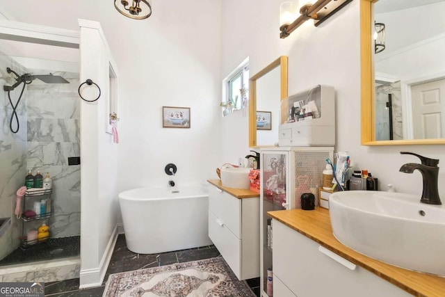 bathroom with vanity and plus walk in shower