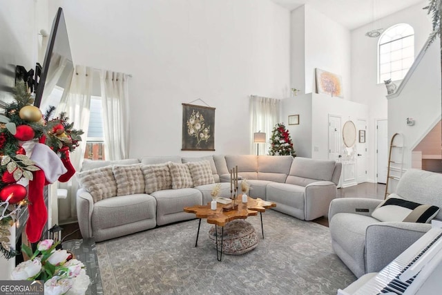 living room featuring wood-type flooring and a high ceiling