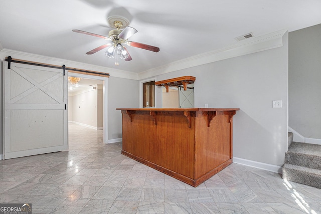 bar with a ceiling fan, visible vents, baseboards, ornamental molding, and marble finish floor
