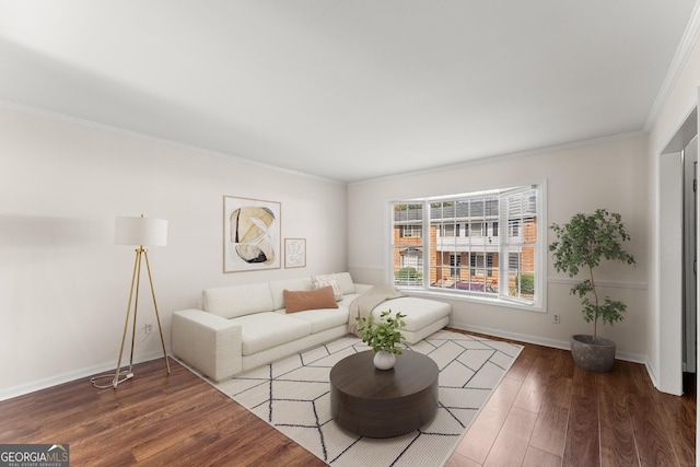 living room featuring ornamental molding and hardwood / wood-style floors