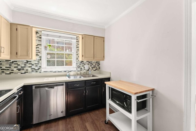 kitchen featuring dishwasher, sink, dark wood-type flooring, crown molding, and decorative backsplash