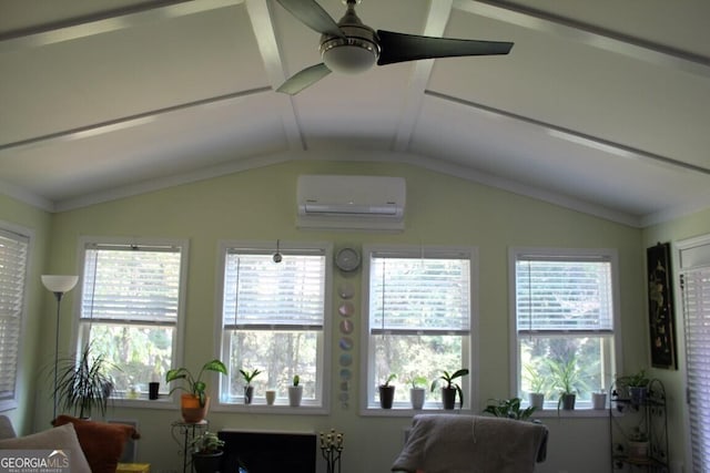 living room featuring an AC wall unit, ceiling fan, and vaulted ceiling