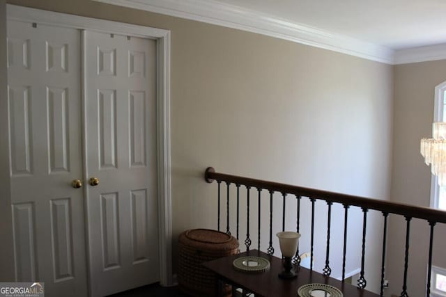 hallway featuring ornamental molding