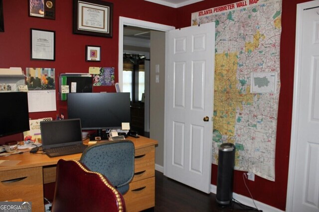 office space featuring dark hardwood / wood-style flooring