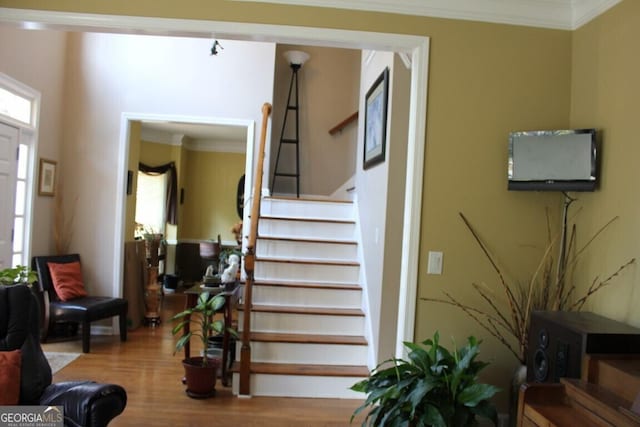 stairs featuring hardwood / wood-style flooring and ornamental molding