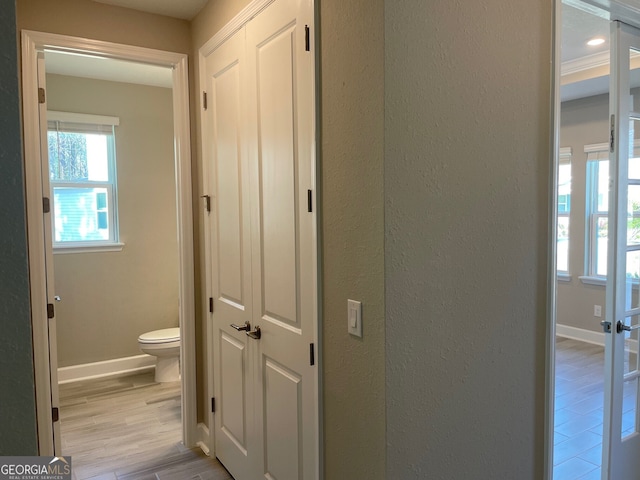 bathroom with toilet, baseboards, and wood finished floors