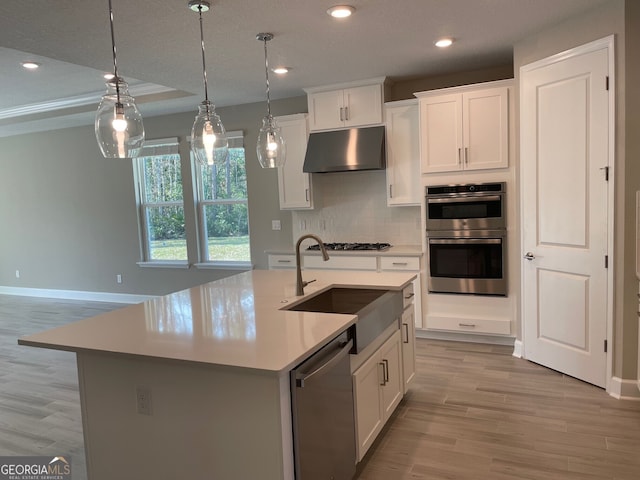 kitchen featuring under cabinet range hood, stainless steel appliances, a sink, light countertops, and backsplash