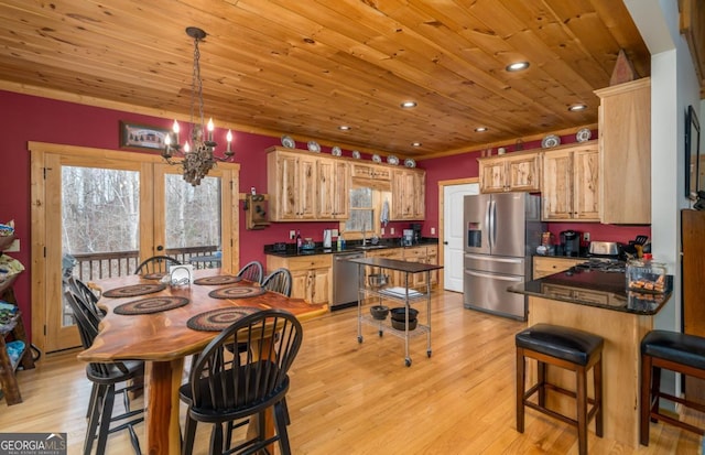 dining space with wood ceiling, sink, a chandelier, and light wood-type flooring