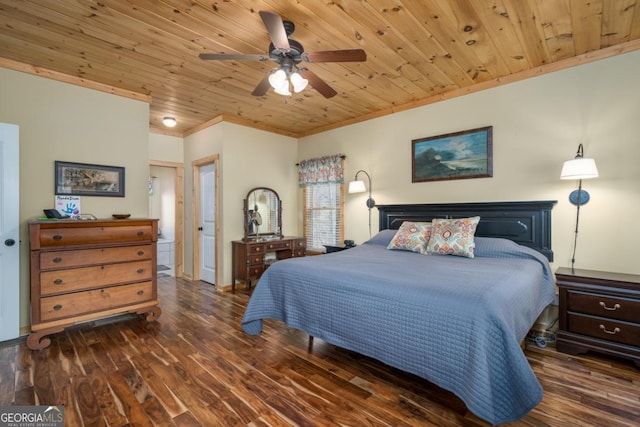 bedroom featuring ceiling fan, dark hardwood / wood-style flooring, wood ceiling, and ornamental molding