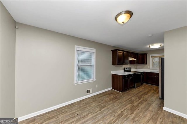 kitchen with hardwood / wood-style flooring, dark brown cabinetry, stainless steel appliances, and a wealth of natural light