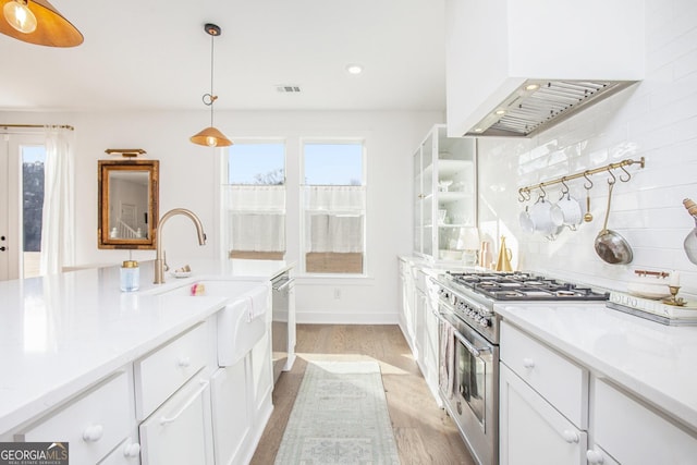 kitchen with decorative light fixtures, white cabinetry, stainless steel appliances, premium range hood, and sink