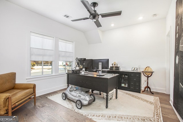 office space featuring hardwood / wood-style flooring and ceiling fan