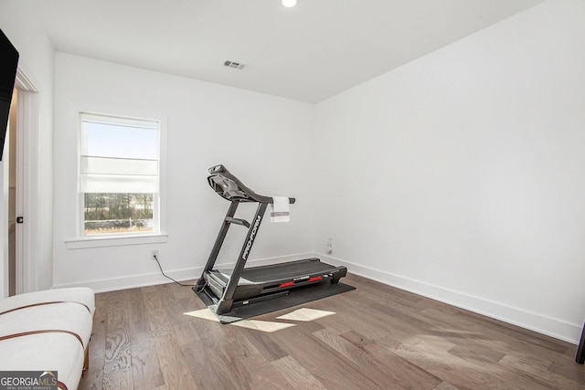 workout room with hardwood / wood-style flooring