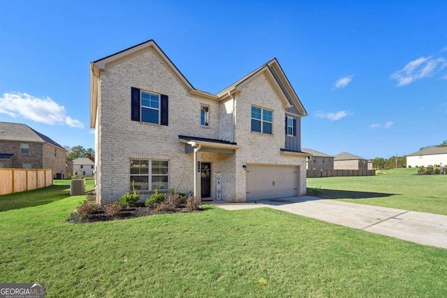 view of front facade featuring a front lawn, a garage, and central AC