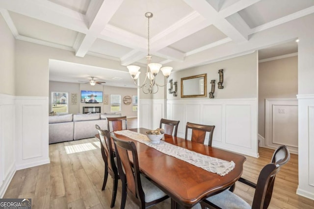 dining space with coffered ceiling, beamed ceiling, ceiling fan with notable chandelier, and light hardwood / wood-style flooring