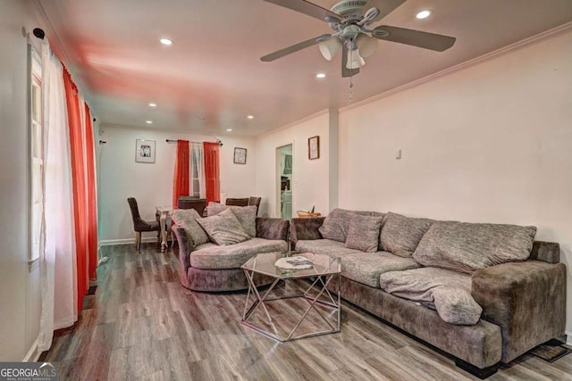 living room featuring hardwood / wood-style floors, ceiling fan, and ornamental molding