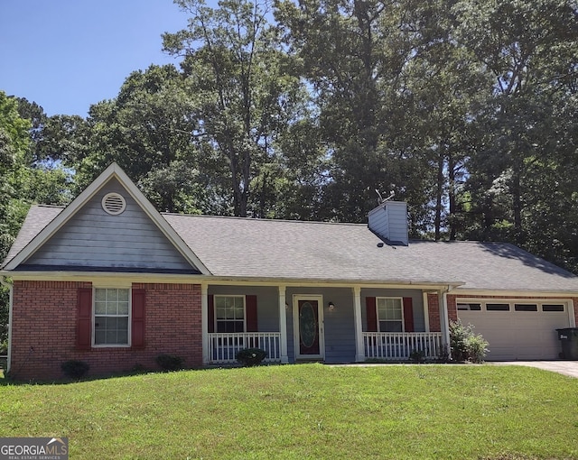 single story home with a garage and a front lawn