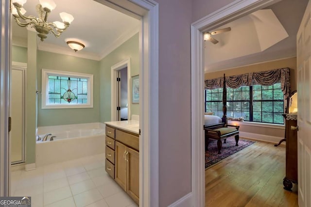 bathroom featuring a washtub, vanity, a wealth of natural light, and crown molding