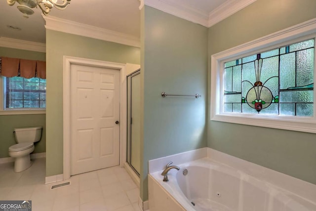 bathroom with tile patterned flooring, separate shower and tub, toilet, and ornamental molding