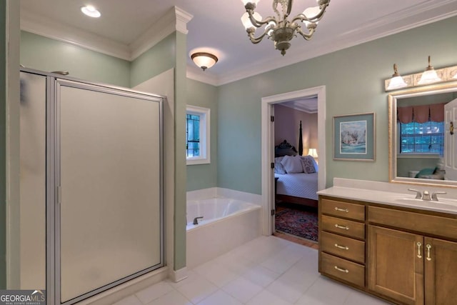 bathroom with vanity, tile patterned flooring, plus walk in shower, and a chandelier