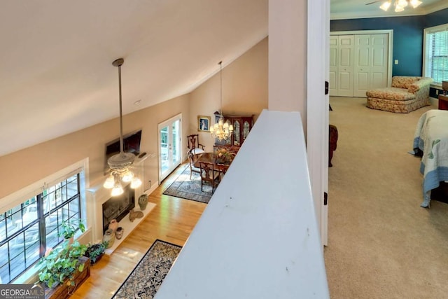 interior space with light carpet, vaulted ceiling, ceiling fan, and a healthy amount of sunlight