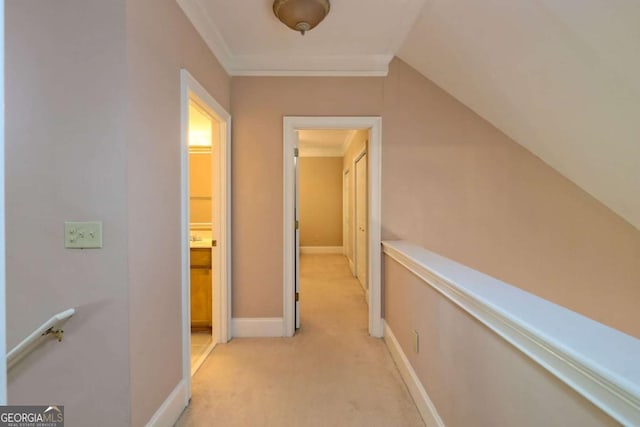 hallway with crown molding and light carpet