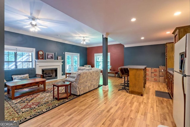 living room with light wood-type flooring, ornamental molding, a wealth of natural light, and french doors