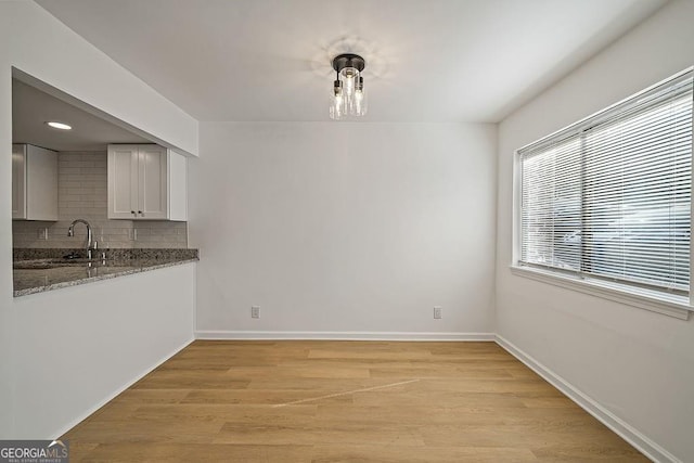 unfurnished dining area with light hardwood / wood-style floors and sink