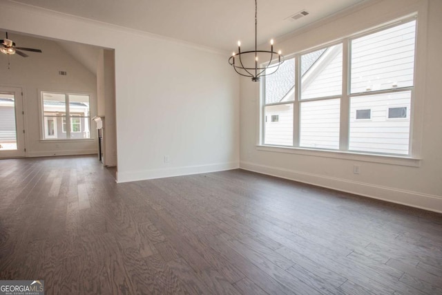 spare room featuring ceiling fan with notable chandelier, dark hardwood / wood-style floors, and ornamental molding