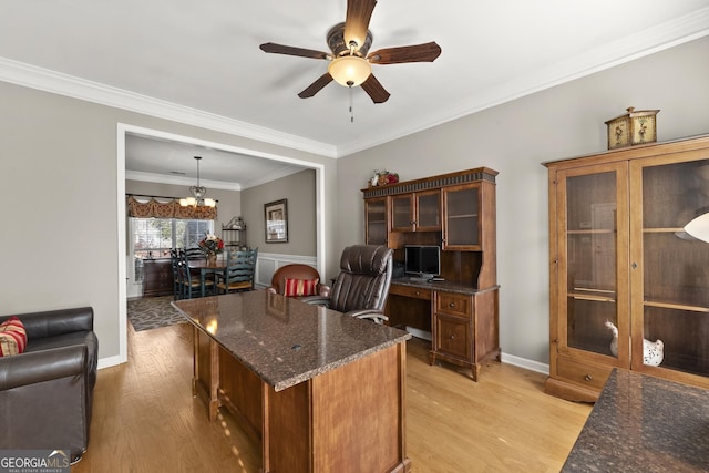 office area featuring ornamental molding, ceiling fan with notable chandelier, and light wood-type flooring