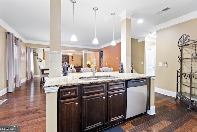 kitchen with pendant lighting, sink, stainless steel dishwasher, ceiling fan, and dark brown cabinets