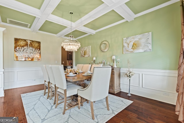 dining room with beamed ceiling, ornamental molding, dark hardwood / wood-style floors, and coffered ceiling