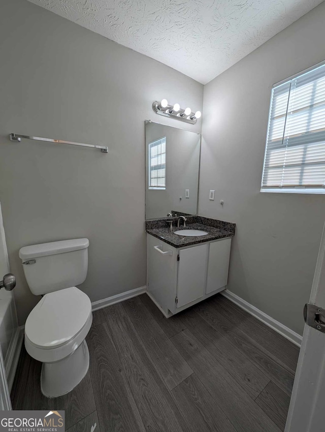 bathroom featuring hardwood / wood-style flooring, vanity, a textured ceiling, and a wealth of natural light