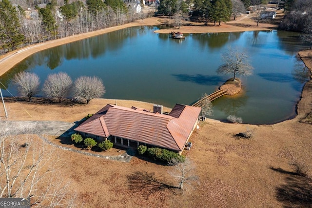 birds eye view of property featuring a water view